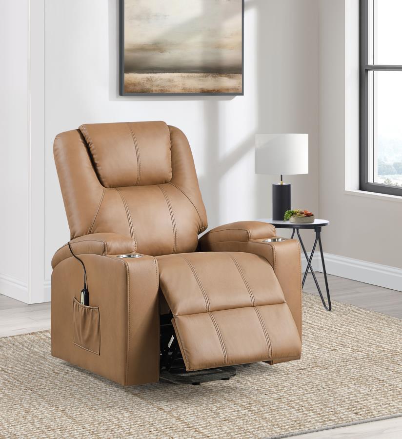 Armstrong - Upholstered Power Lift Massage Recliner - Camel Lift Chair modern furniture Contempo Furniture