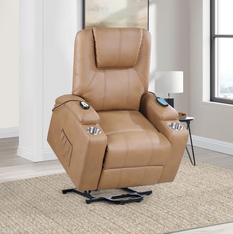 Armstrong - Upholstered Power Lift Massage Recliner - Camel Lift Chair modern furniture Contempo Furniture