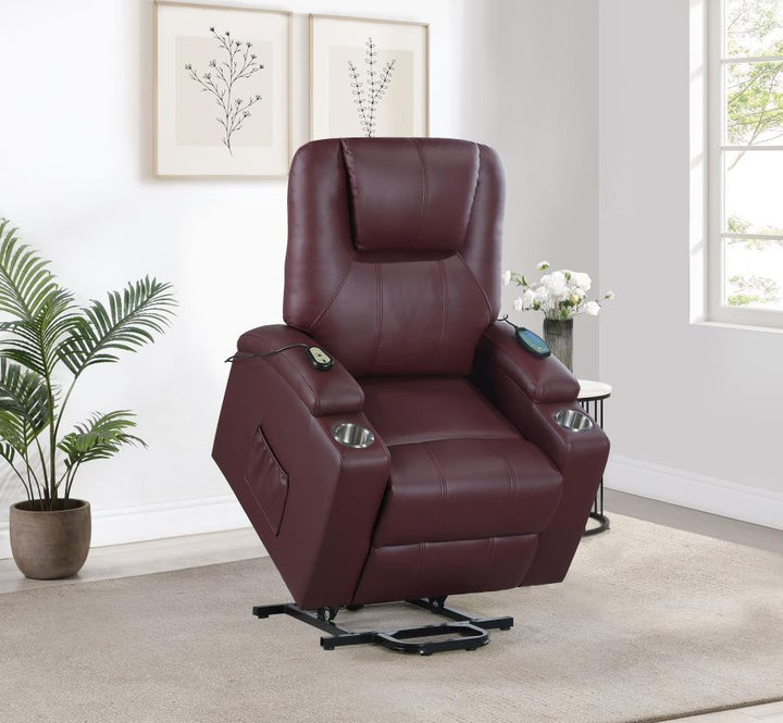 Armstrong - Upholstered Power Lift Massage Recliner - Wine Red Lift Chair modern furniture Contempo Furniture