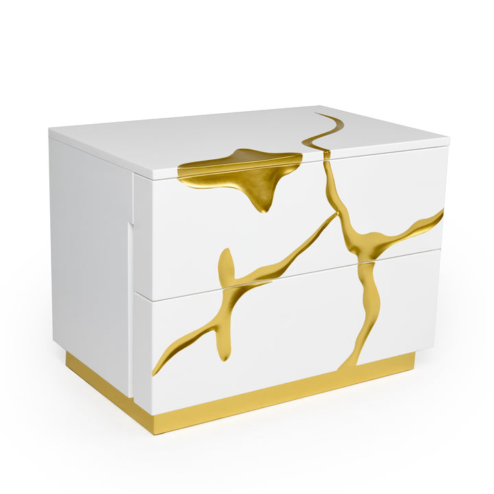Aspen Modern Wide White and Gold Nightstand