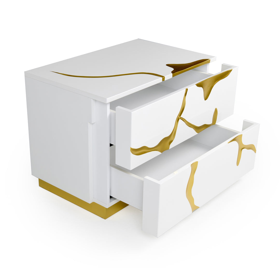 Aspen Modern Wide White and Gold Nightstand
