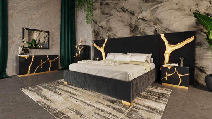 Aspen - Modern Black + Gold 4-Piece Bedroom Set