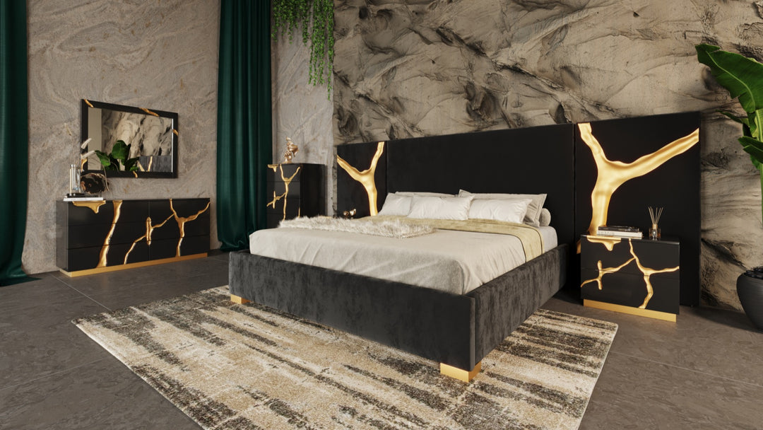 Aspen - Modern Black + Gold 4-Piece Bedroom Set