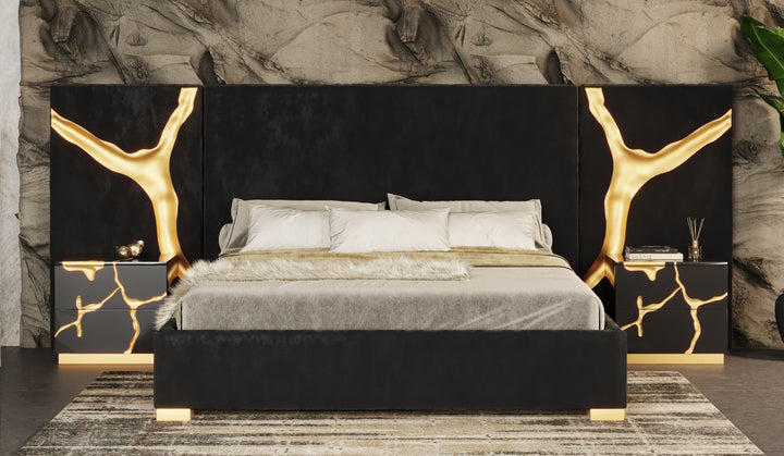Aspen - Modern Black + Gold 4-Piece Bedroom Set