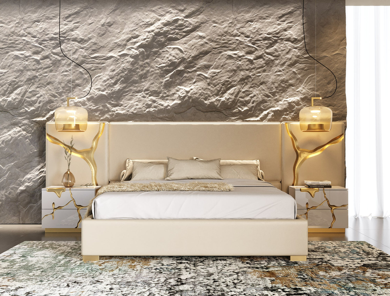 Aspen - Glam Beige Bonded Leather  and  Gold Bed