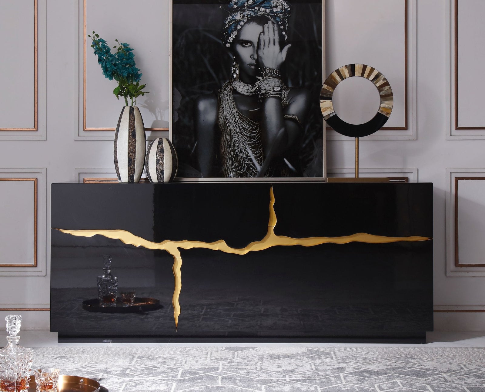 Aspen - Modern High Gloss Black  and  Gold Buffet