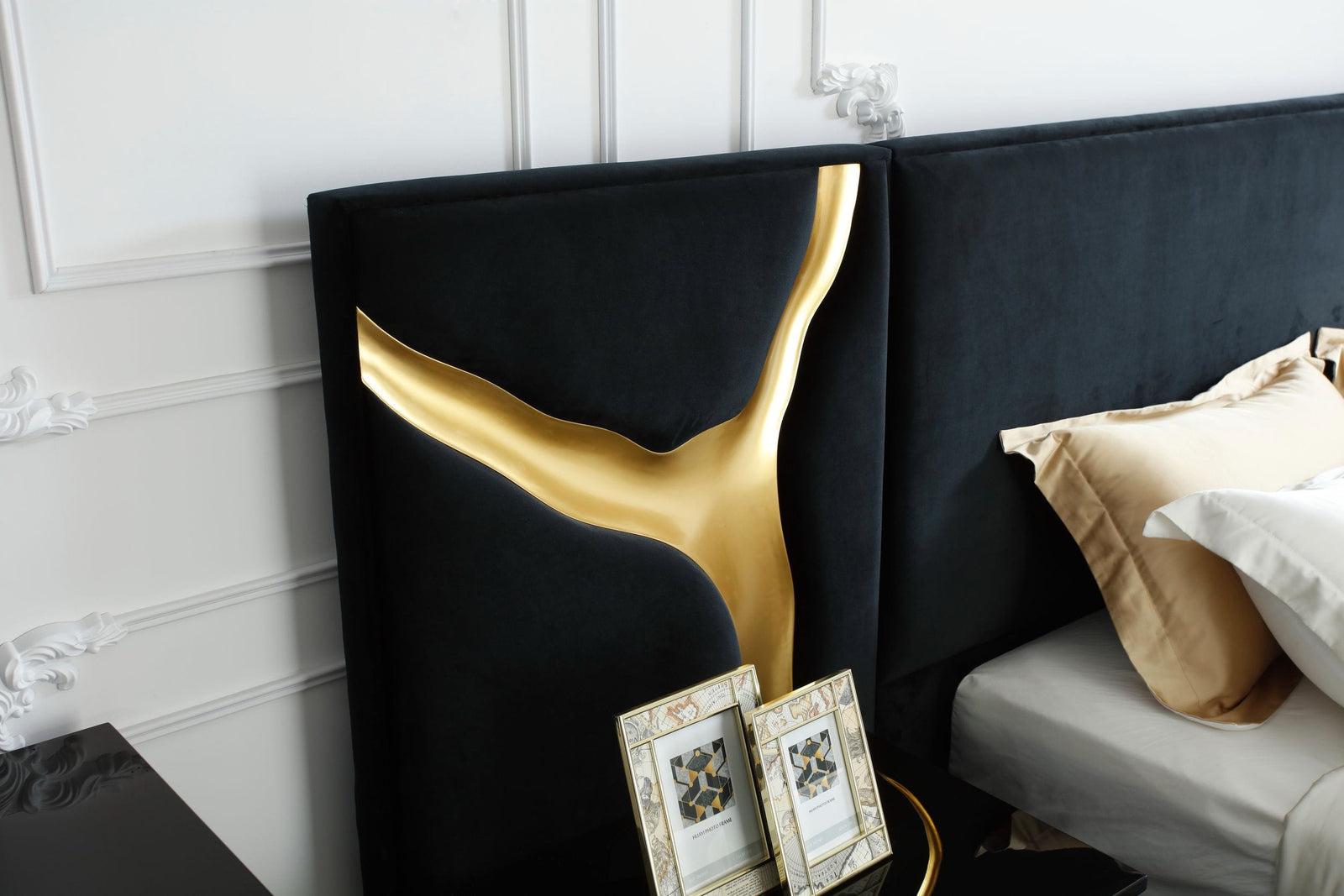 Aspen - Eastern King Glam Black Velvet  and  Gold Bed