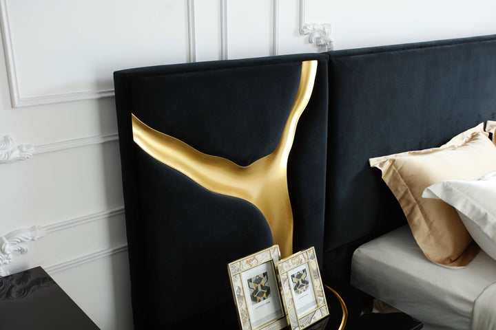 Aspen - Eastern King Glam Black Velvet  and  Gold Bed