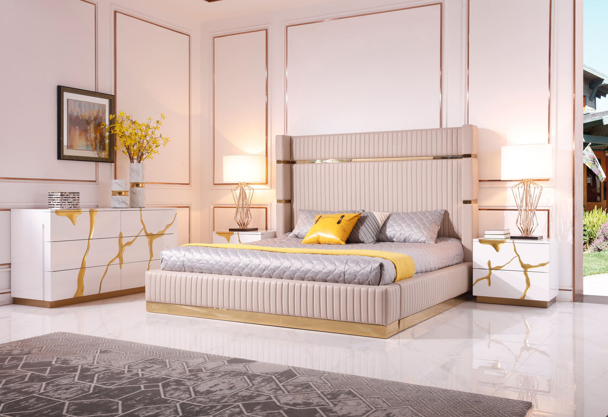 Sterling - Eastern King Modern Beige + Rose Gold Bed + Nightstands