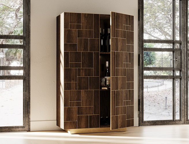 Auer- Brown Oak  and  Gold Wine Rack Cabinet