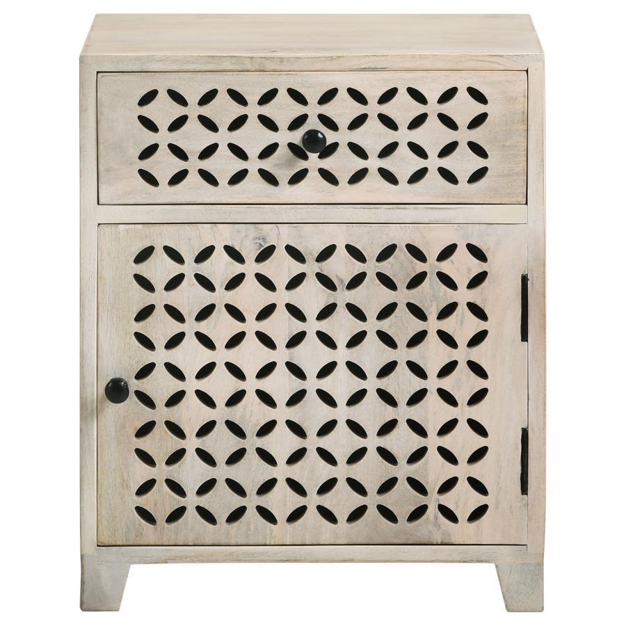 August - 1 - Drawer Trellis Pattern Storage Cabinet - White Washed Accent Cabinet modern furniture Contempo Furniture