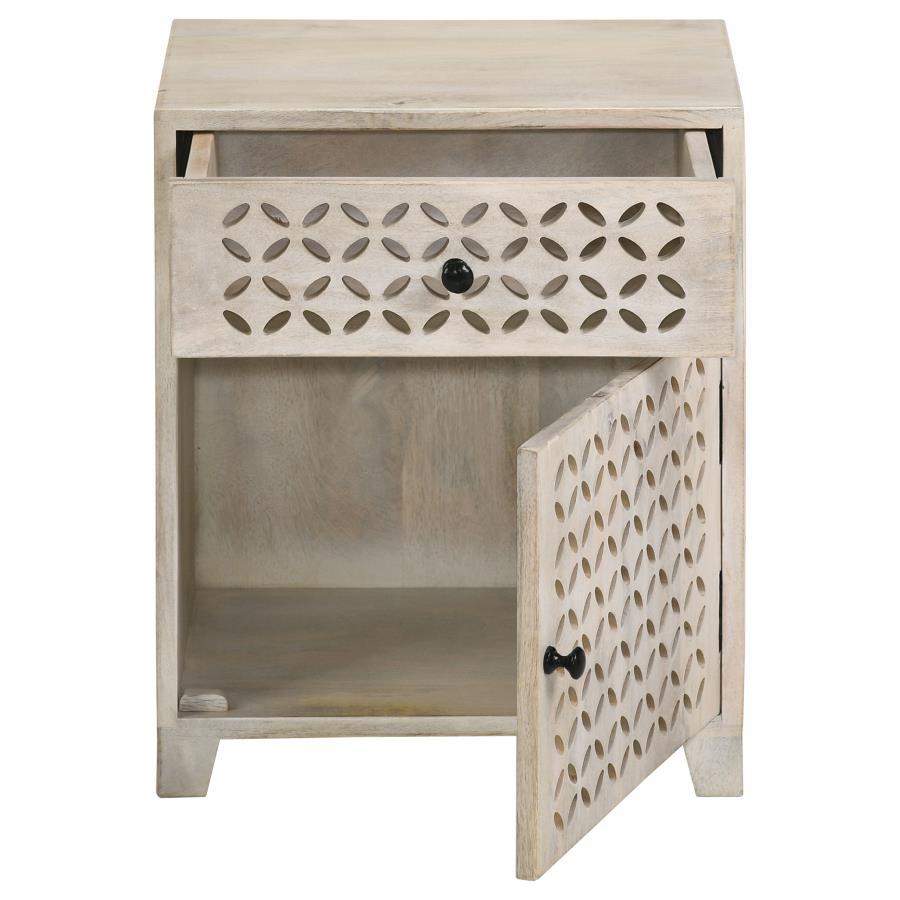 August - 1 - Drawer Trellis Pattern Storage Cabinet - White Washed Accent Cabinet modern furniture Contempo Furniture