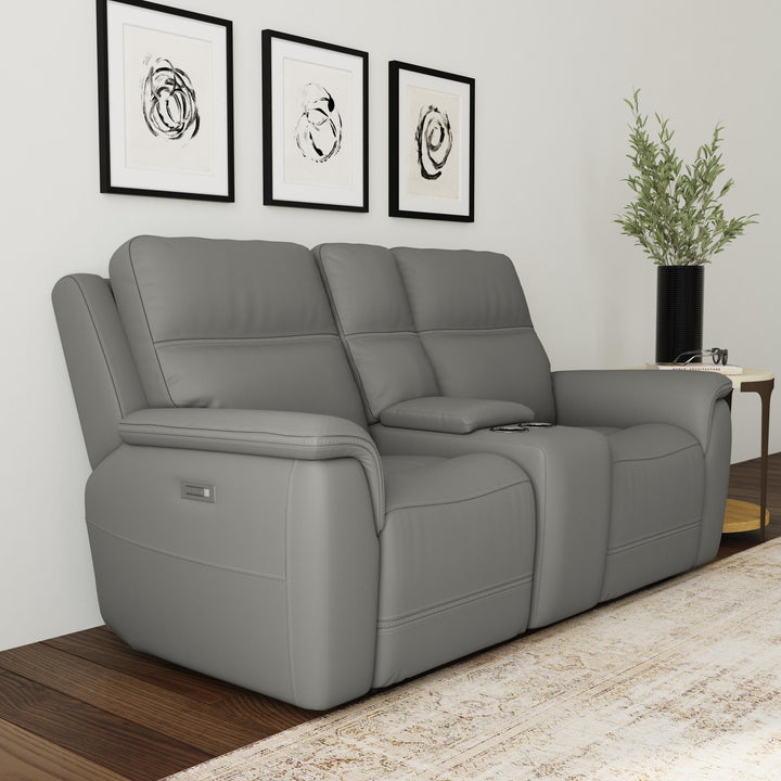 Sawyer Leather Pwr Recl Loveseat w/ Console, Pwr Hdrsts, Lumbar in Grey