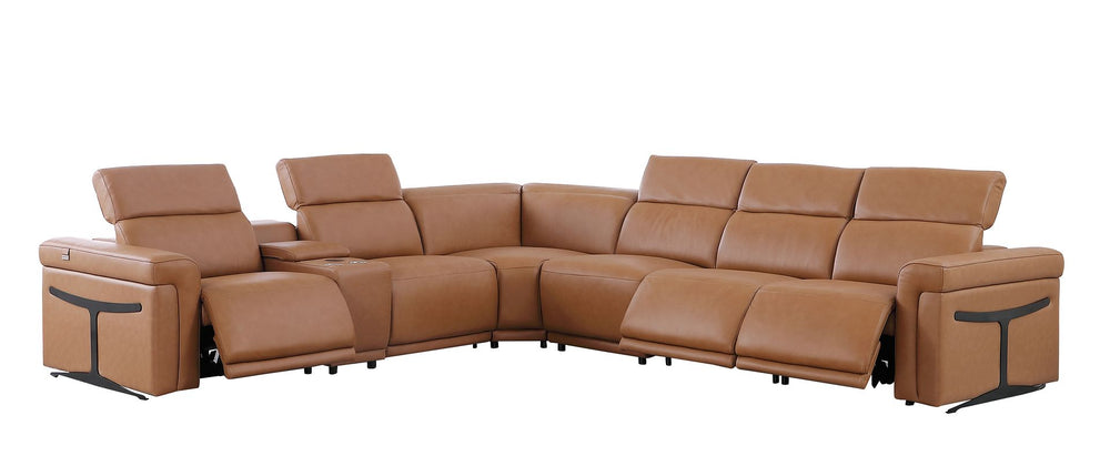 DivanItalia 1126 7-Piece L-Shaped Sectional Sofa in Top Grain Italian Leather with 3 Power Recliners & Power Headrests - Cognac