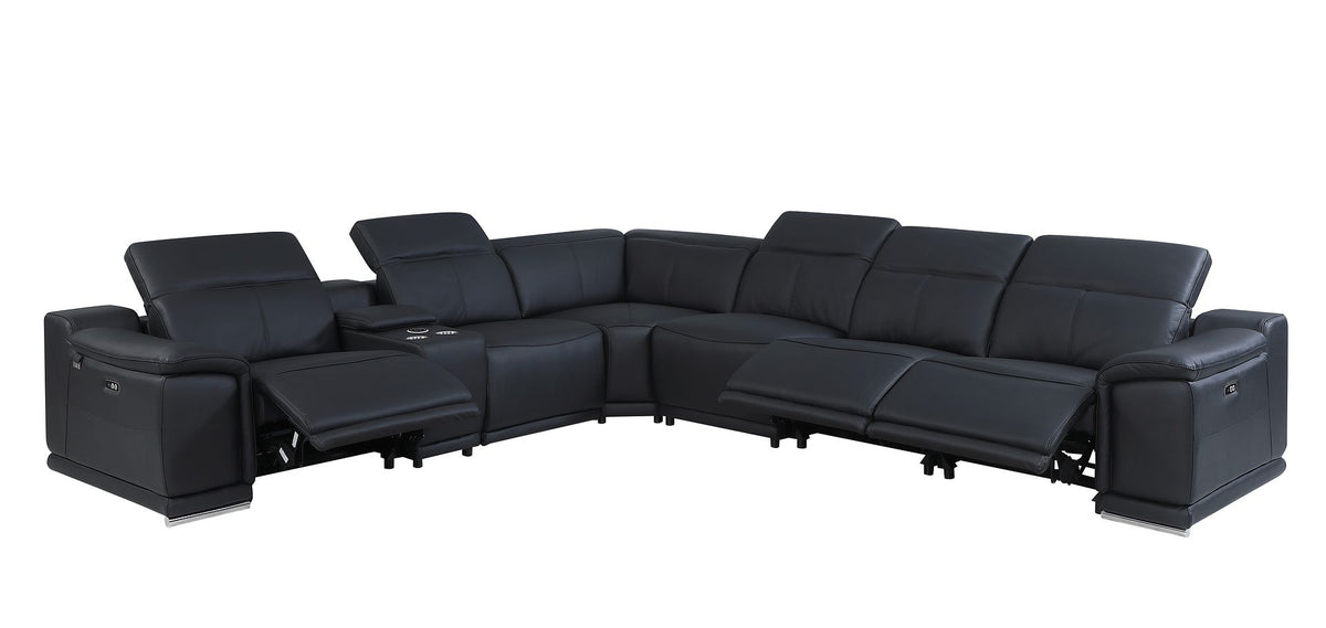 DivanItalia 9762 7-Piece L Shaped Top Grain Italian Leather Sectional Sofa with 3 Power Recliners - Black