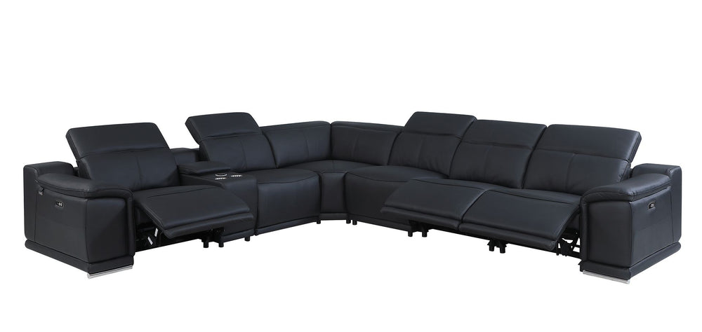 DivanItalia 9762 7-Piece L Shaped Top Grain Italian Leather Sectional Sofa with 3 Power Recliners - Black