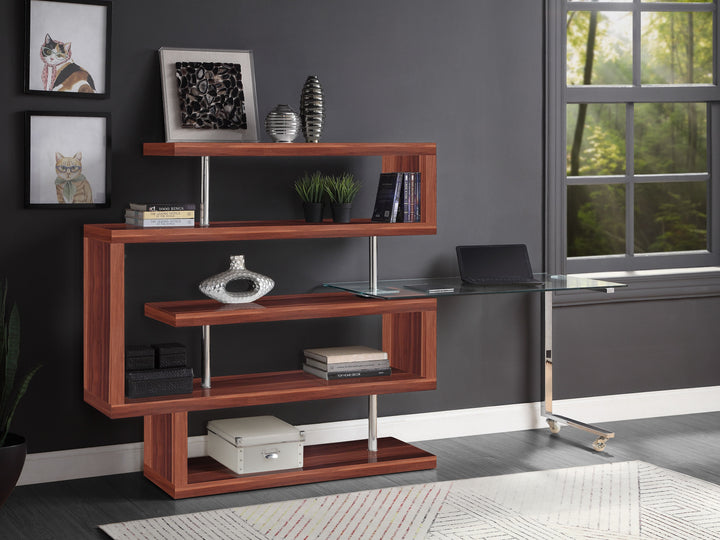 Buck II - Writing Desk With Bookshelf - Clear Glass, Chrome & Walnut High Gloss