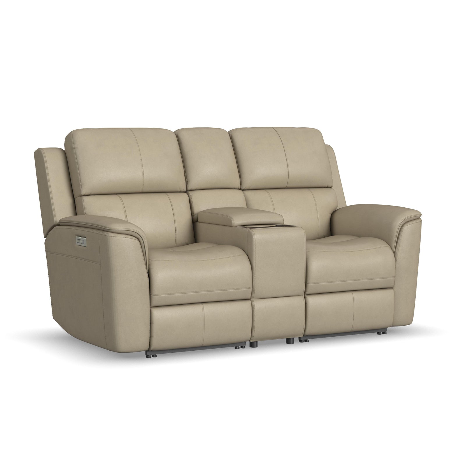 Flexsteel Henry Beige Leather Power Reclining Loveseat with Console, Power Headrests & Lumbar