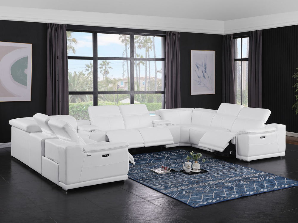 DivanItalia 9762 10-Piece U Shaped Top Grain Italian Leather Sectional Sofa with 4 Power Recliners - White