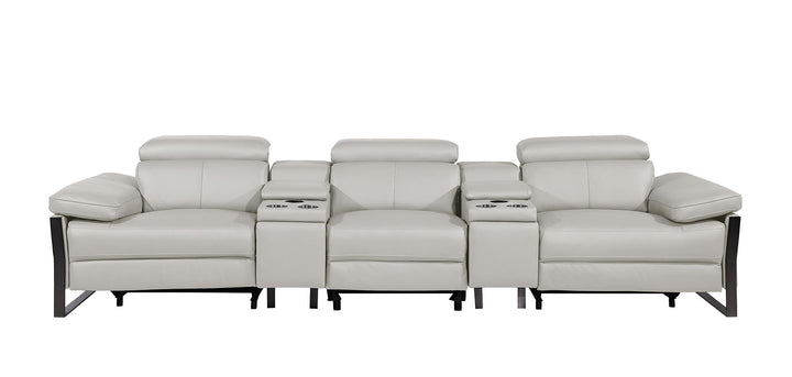 DivanItalia 1246 Modular Power Triple Reclining Dual Console Sofa with Power Reclining Headrests – Top Grain Italian Leather - Light Gray