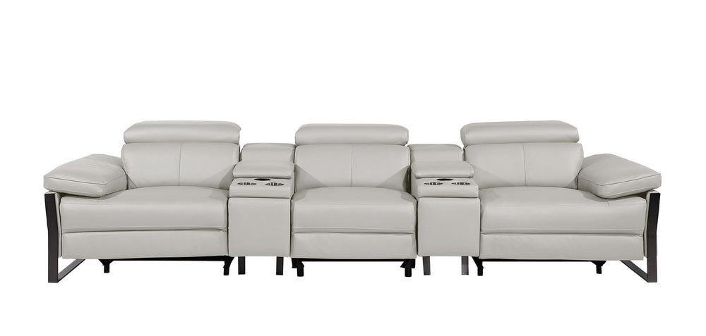 DivanItalia 1246 Modular Power Triple Reclining Dual Console Sofa with Power Reclining Headrests – Top Grain Italian Leather - Light Gray