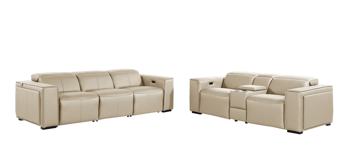 DivanItalia 1224 6-Piece Modular Power Reclining Sofa and Console Loveseat Set in Top Grain Italian Leather with 5 Power Recliners & Power Headrests - Beige
