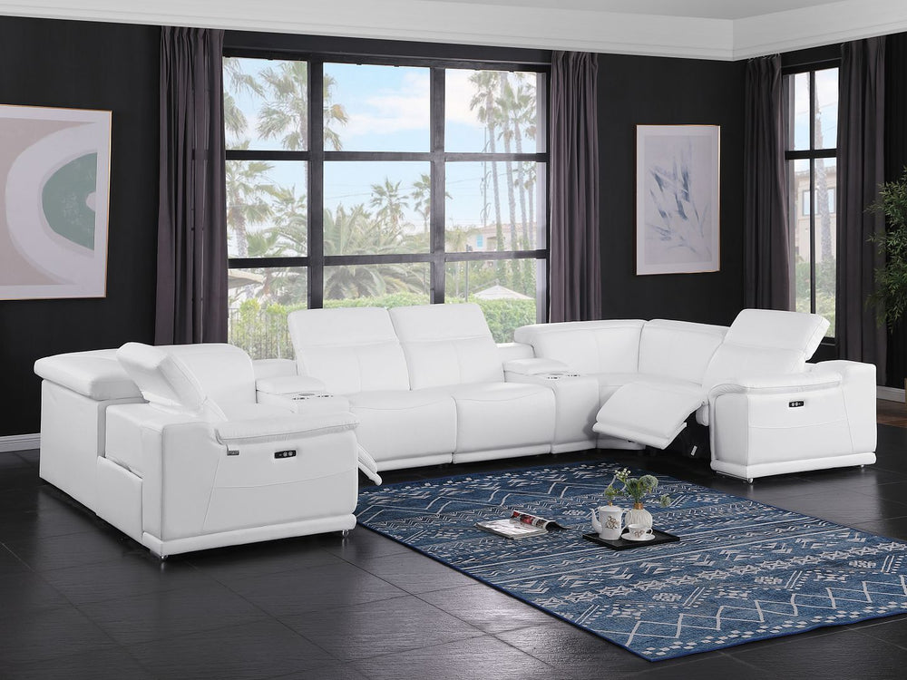DivanItalia 9762 8-Piece U Shaped Top Grain Italian Leather Sectional Sofa with 2 Power Recliners - White