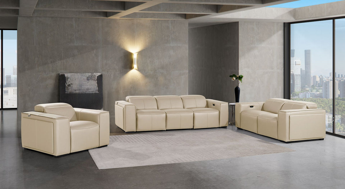 DivanItalia 1224 6-Piece Modular Power Reclining Sofa, Loveseat & Chair Set in Top Grain Italian Leather with 5 Power Recliners & Power Headrests - Beige