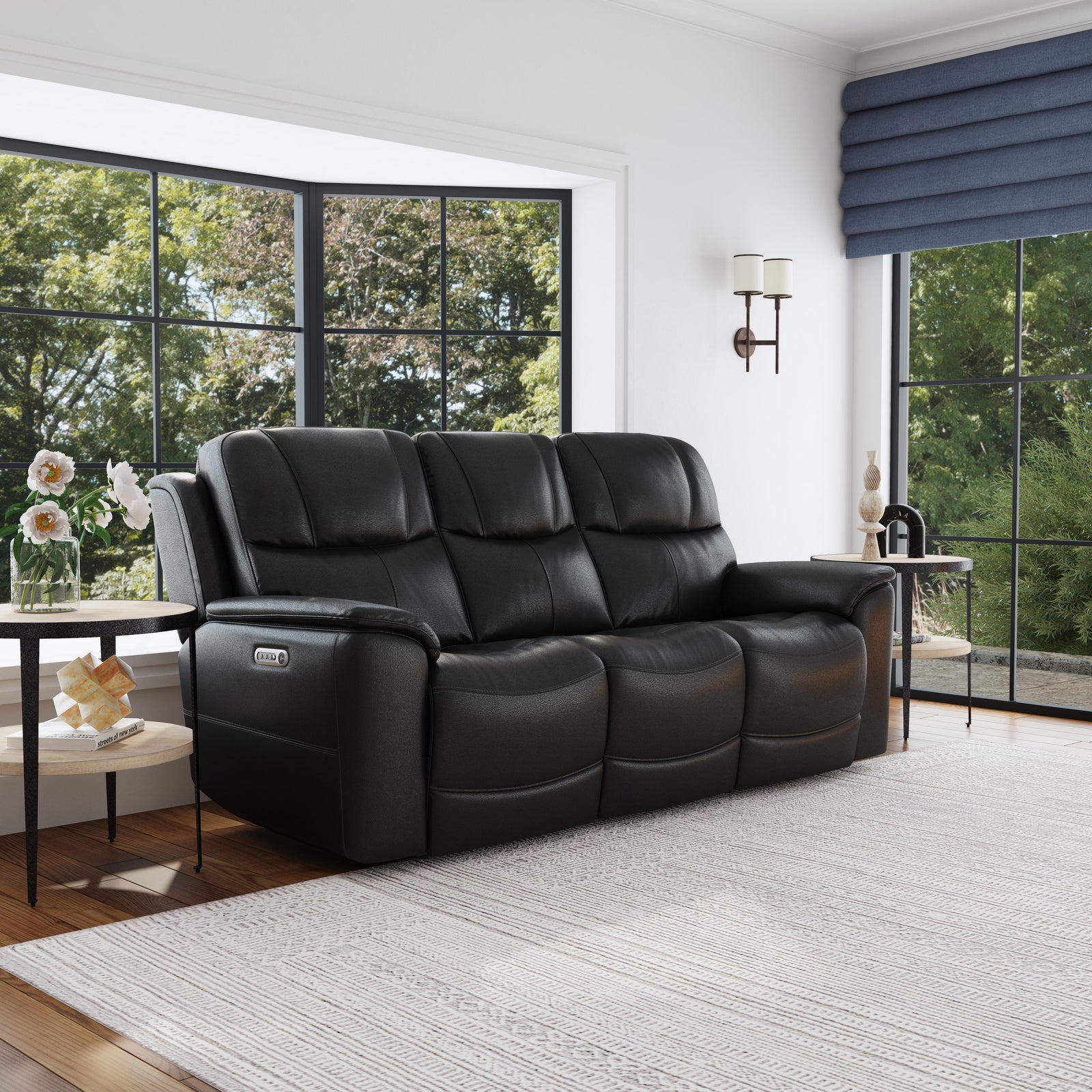 Crew Leather Power Reclining Sofa with Power Headrests & Lumbar in Raven