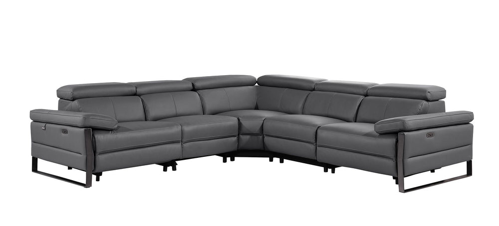 DivanItalia 1246 5-Piece L-Shaped Modular Power Reclining Sectional with Power Headrests – Top Grain Italian Leather - Dark Gray