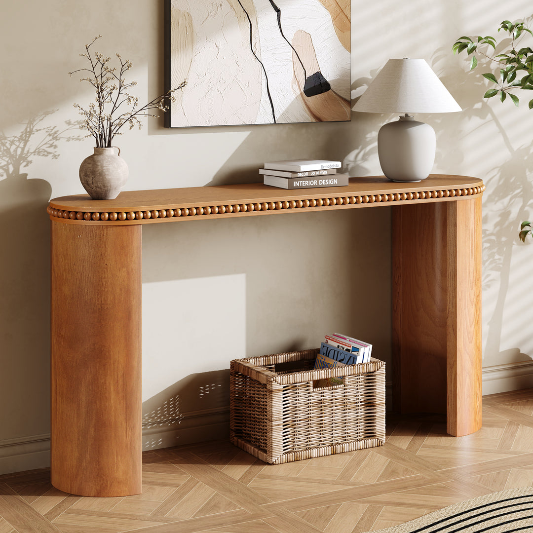 Mirod Vintage Console Table with Beaded Trim, Natural Wood Veneer Finish