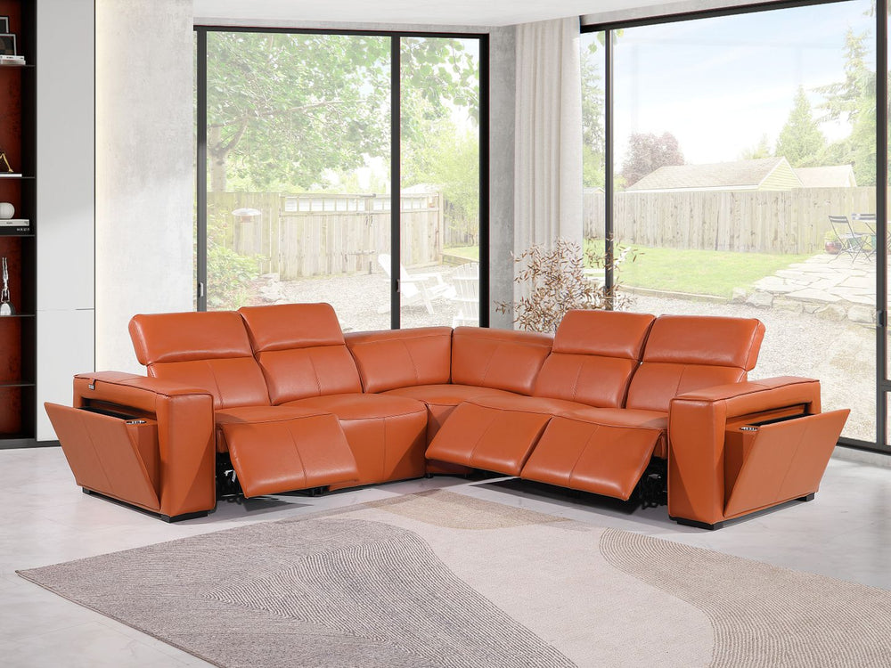 DivanItalia 1224 5-Piece L-Shaped Sectional Sofa in Top Grain Italian Leather with 3 Power Recliners & Power Headrests - Camel