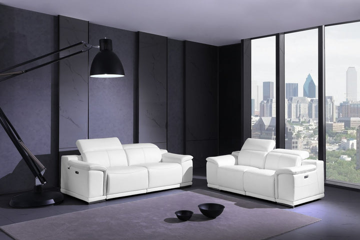 DivanItalia 9762 Top Grain Italian Leather Power Reclining Sofa and Loveseat Set with Adjustable Headrests - White