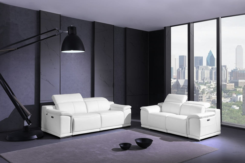 DivanItalia 9762 Top Grain Italian Leather Power Reclining Sofa and Loveseat Set with Adjustable Headrests - White