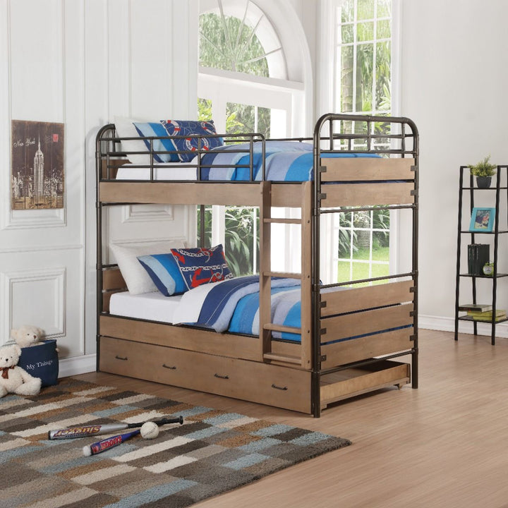 Adams - Twin Over Twin Bunk Bed With Trundle - Antique Oak & Gunmetal