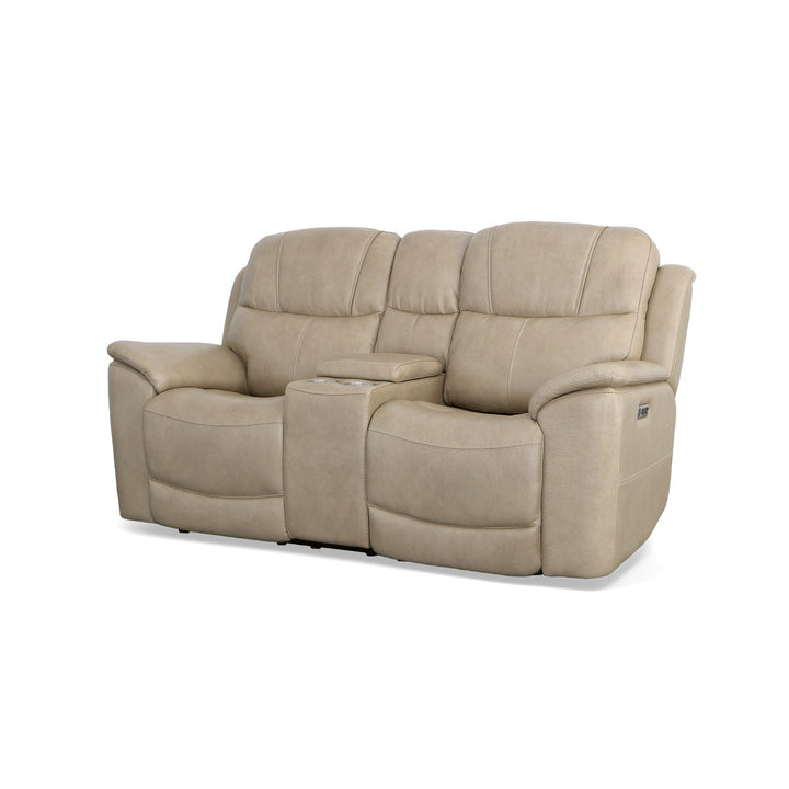 Crew Leather Power Reclining Loveseat with Console, Power Headrests &amp; Lumbar in Pebble