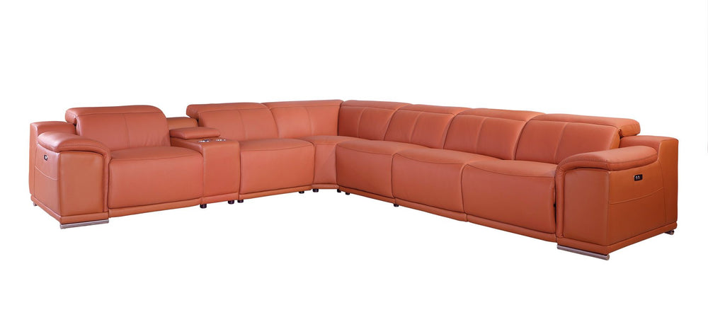 DivanItalia 9762 7-Piece L Shaped Top Grain Italian Leather Sectional Sofa with 4 Power Recliners - Camel