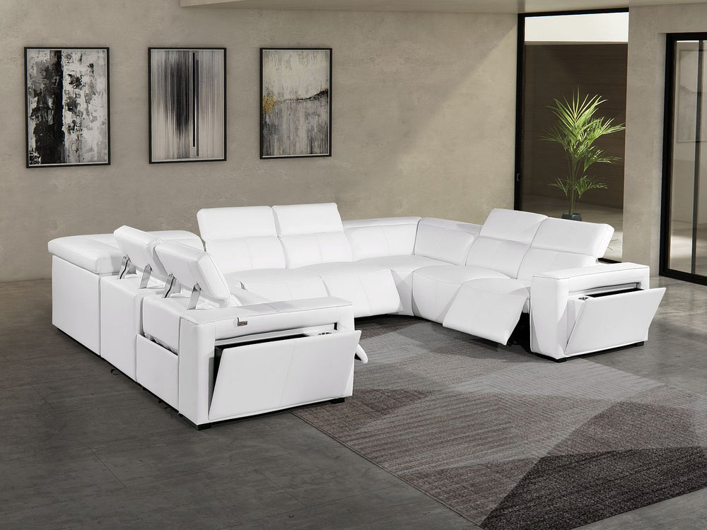 DivanItalia 1224 8-Piece U-Shaped Sectional Sofa in Top Grain Italian Leather with 4 Power Recliners & Power Headrests – with Console - White