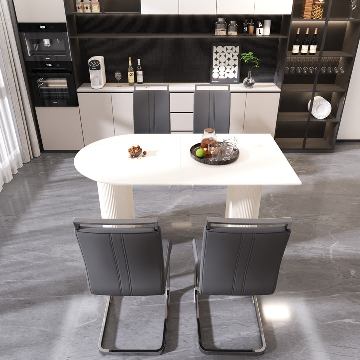 63" Medieval Modern Cream Dining Table and 4 PU Leather Armless Chairs with Silver Metal Legs - Cream &amp; Gray