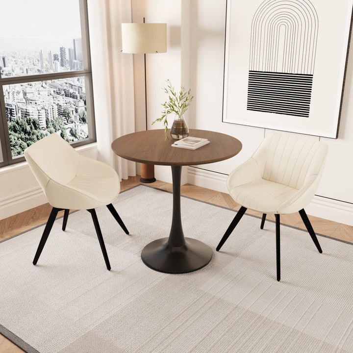 Mid-Century Modern 3-Piece Round Tulip Dining Table Set in Walnut &amp; Beige