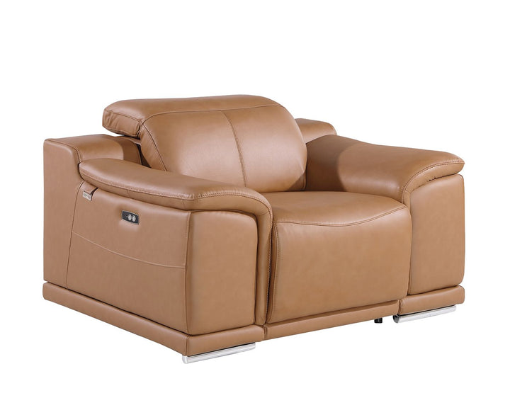 DivanItalia 9762 Top Grain Italian Leather Power Reclining Chair with Adjustable Headrests - Cognac