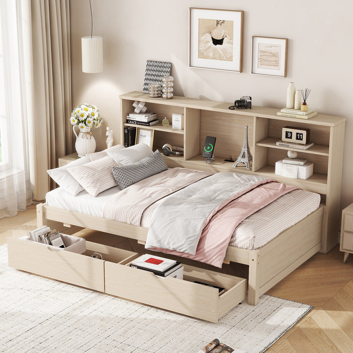 Twin Size Bed Frame With Side Bookshelves, Two Drawers, And Built-in USB Port, Natural Color