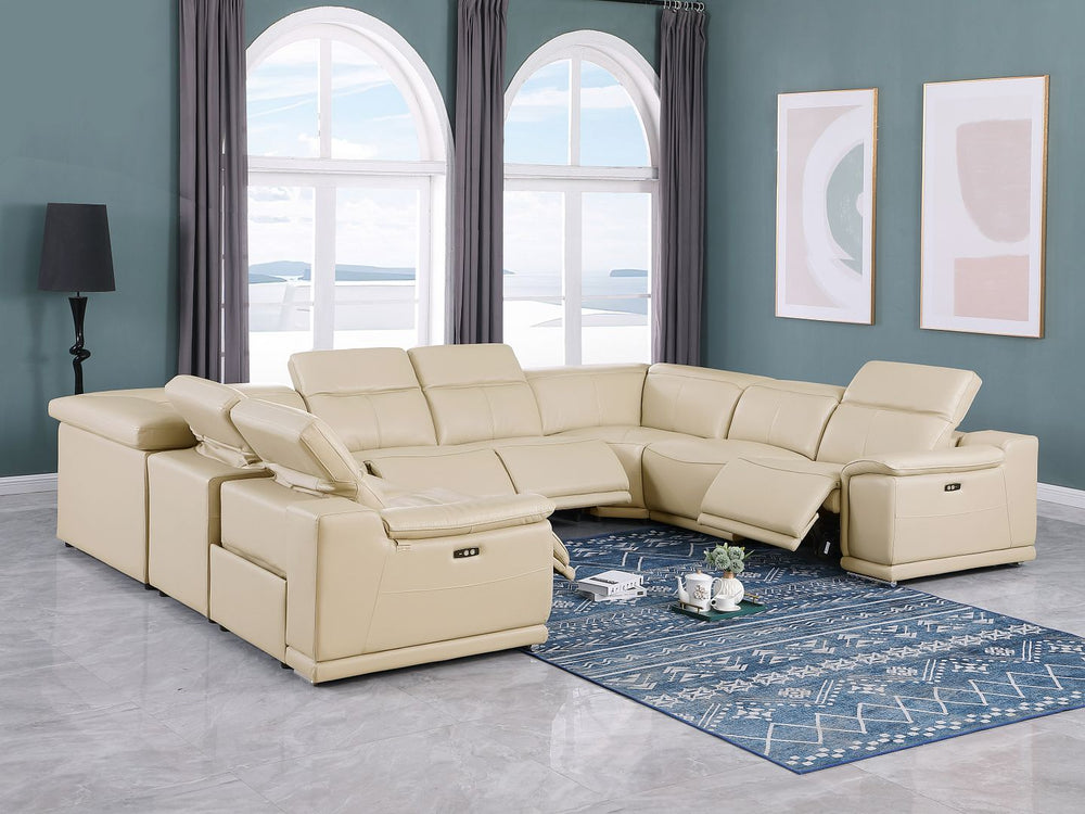 DivanItalia 9762 8-Piece U Shaped Top Grain Italian Leather Sectional Sofa with 4 Power Recliners – No Console - Beige