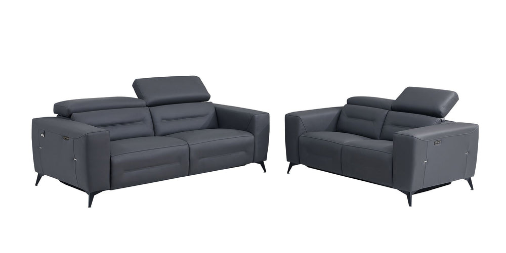 DivanItalia 989 Power Reclining 2-Piece Sofa Set with Power Headrest in Top-Grain Italian Leather - Dark Gray