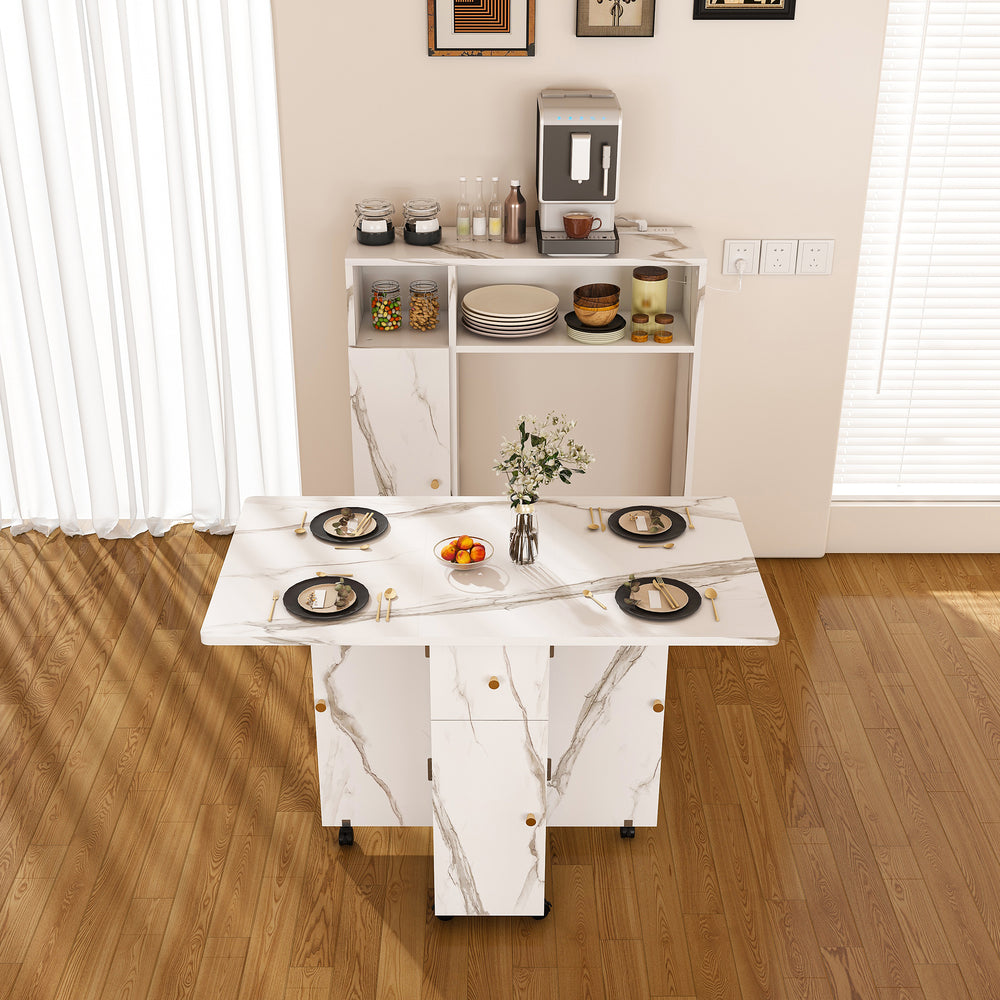 Folding Dining Table with Wall-Mounted Sideboard & Storage in White and Gray