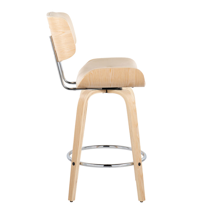 Lombardi 26-Inch Mid-Century Modern Swivel Counter Stools in Natural Wood &amp; Cream Faux Leather 