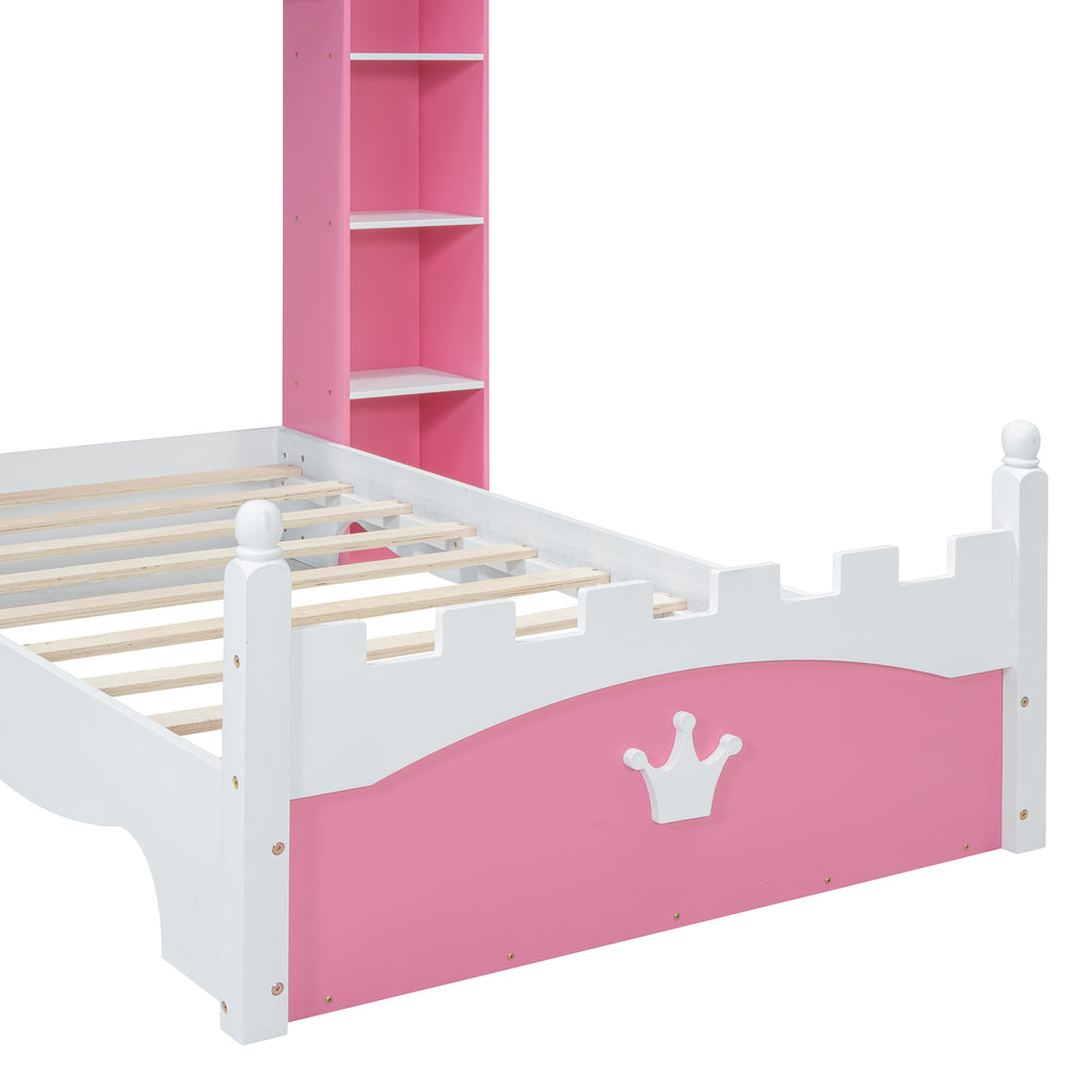 castle-shaped-wooden-twin-bed-with-storage-shelf-pink-white
