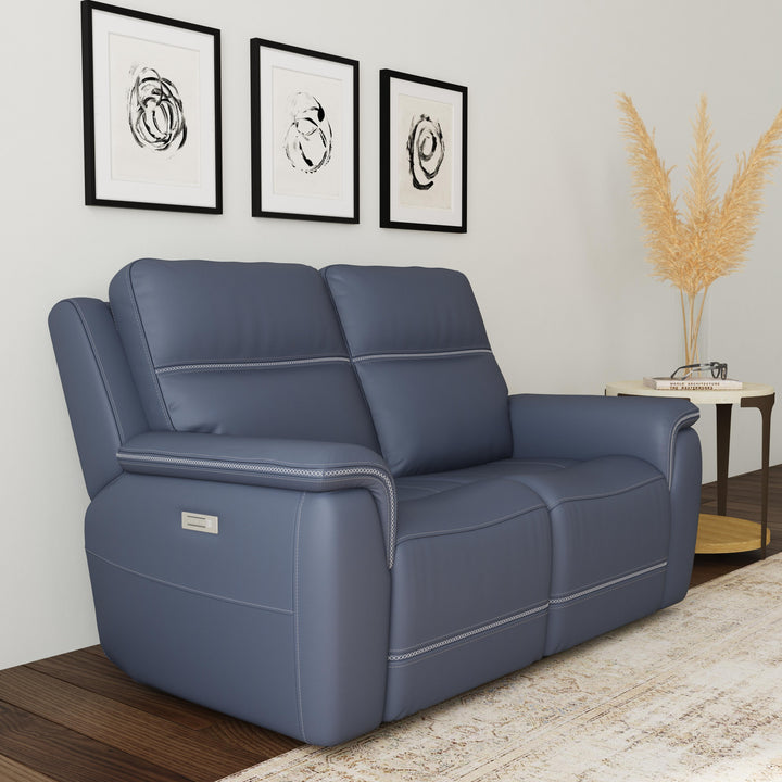 Sawyer Leather Power Reclining Loveseat w/ Pwr Headrests, Lumbar in Marine