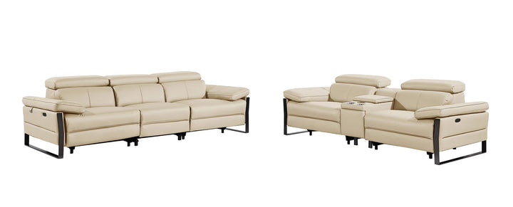 DivanItalia 1246 Modular Power Triple Reclining Sofa and Console Loveseat Set with Power Headrests – Top Grain Italian Leather - Beige