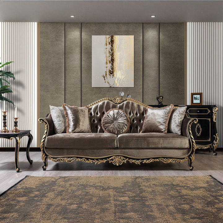 Betria - Sofa With 5 Pillows - Light Green Velvet, Gold & Black High Gloss